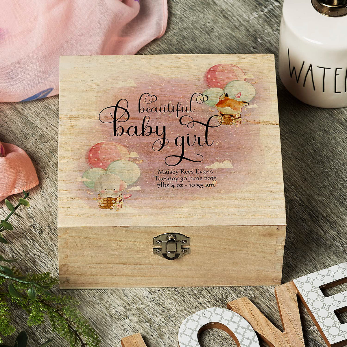 Personalised Baby Girl Keepsake Wooden Box With Balloon Design