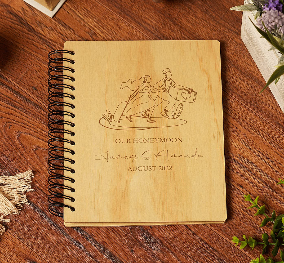 Personalised Honeymoon Wooden Photo Album Engraved With Couple