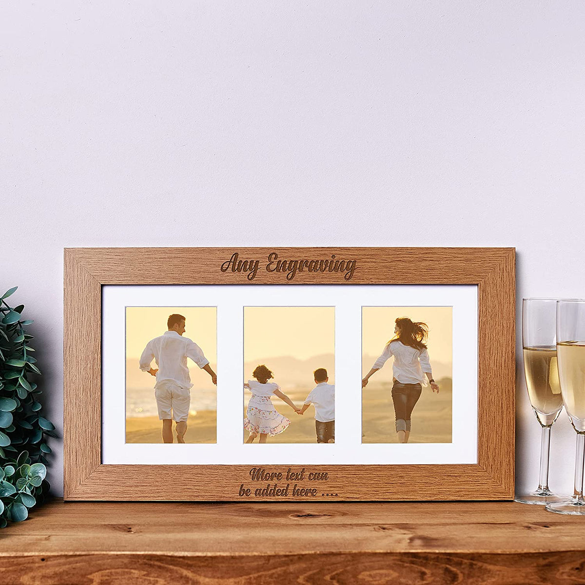 Personalised Wooden Triple Photo 6 x 4 Frame Engraved Any Message Cursive