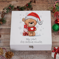 Personalised Baby's First Christmas Wooden Keepsake Box Teddy in Jumper