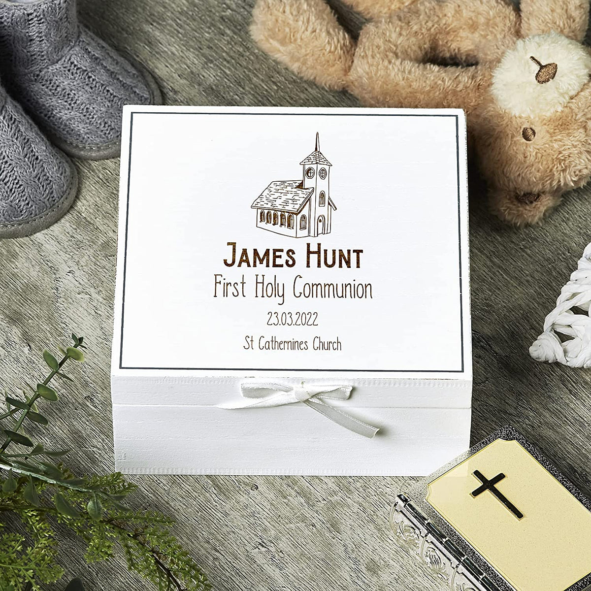 ukgiftstoreonline Personalised First Holy Communion White Keepsake Box With Church Design