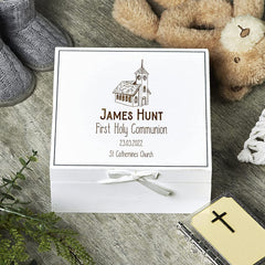 ukgiftstoreonline Personalised First Holy Communion White Keepsake Box With Church Design