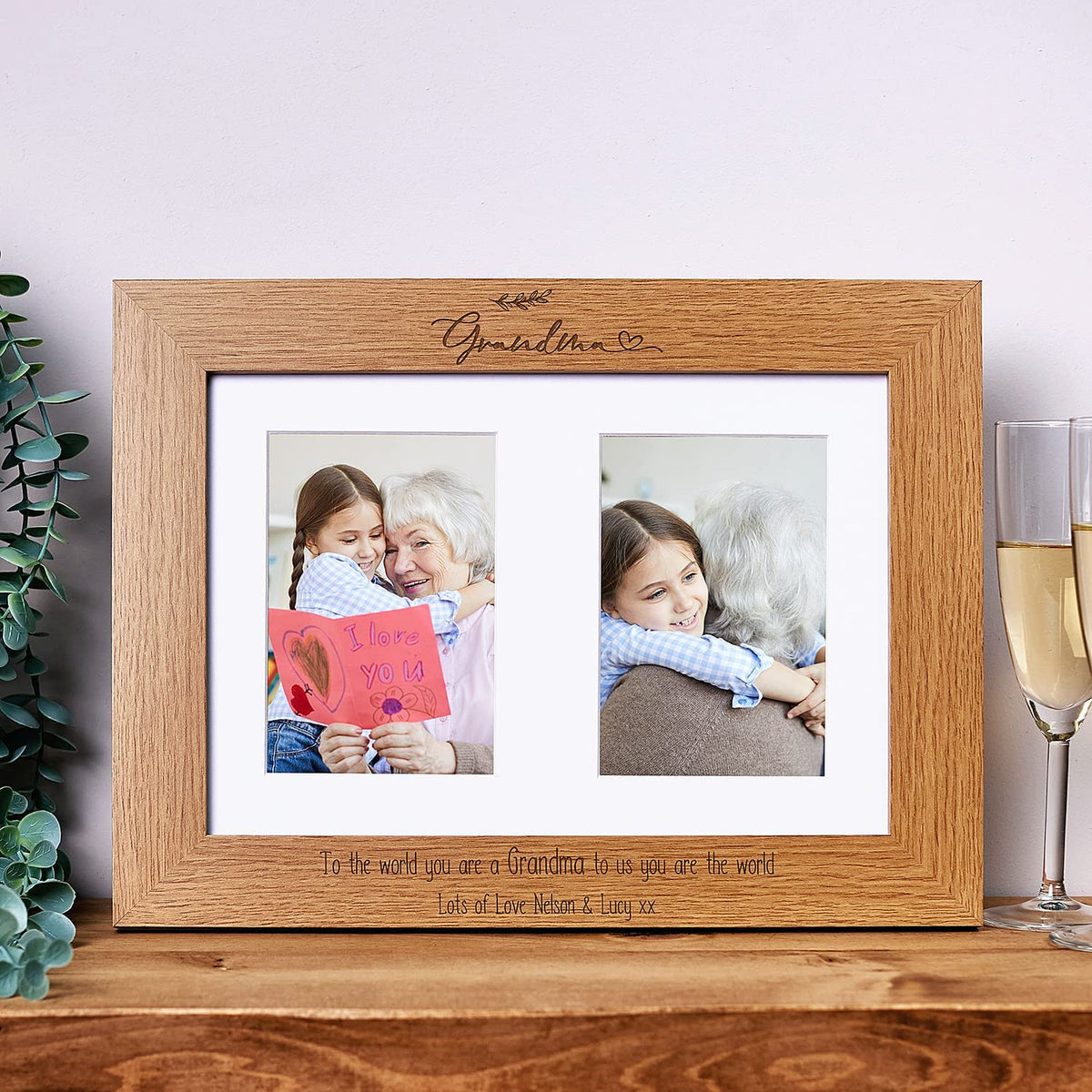 Personalised Grandma Wooden Double Photo Frame Gift Portrait