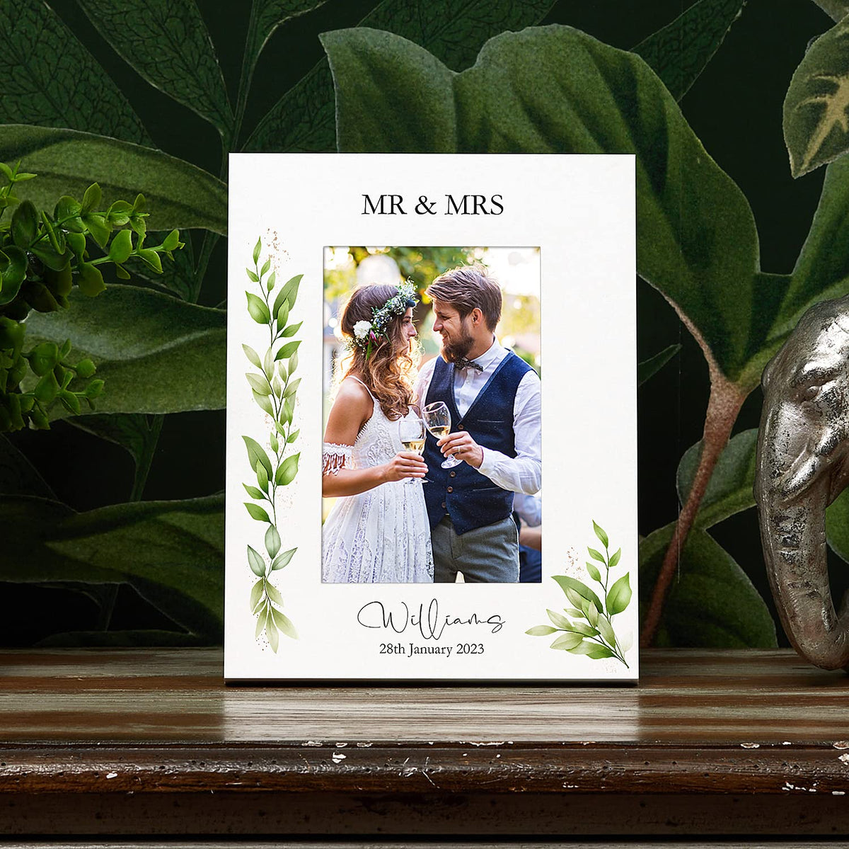 Personalised White Wedding Photo Picture Frame With Green Leaf Design