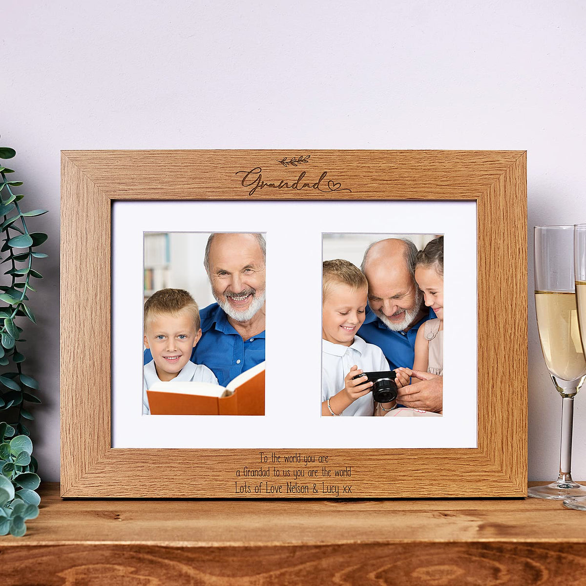 Personalised Grandad Wooden Double Photo Frame Gift Portrait