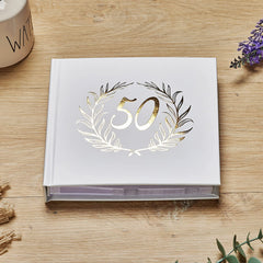 50th Birthday White Photo Album Gold Laurel Wreath