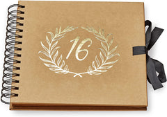 16th Birthday Brown Scrapbook Photo album With Gold Script Laurel Wreath