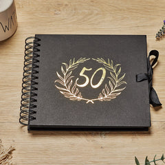 50th Birthday Black Scrapbook Photo album With Gold Script Laurel Wreath