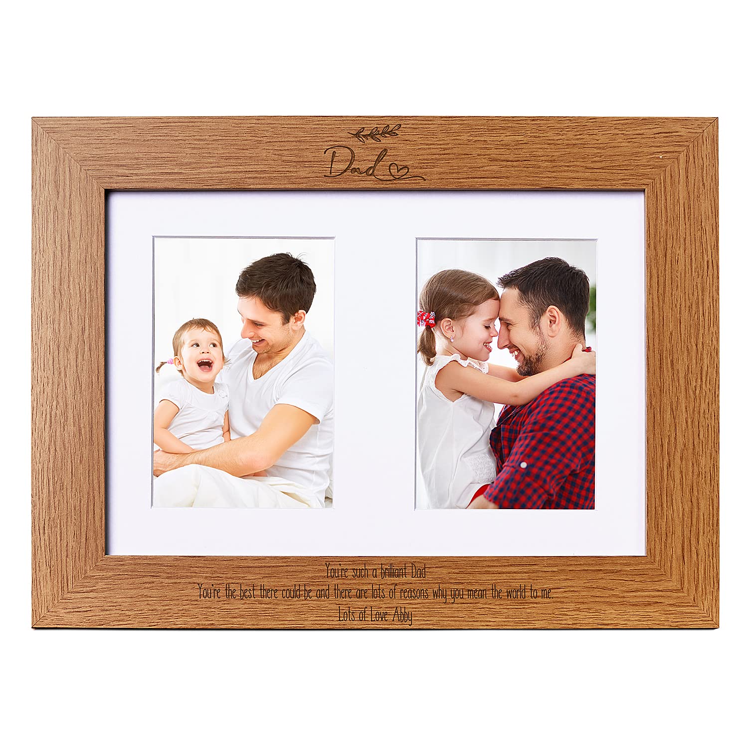 Personalised Dad Double Photo Picture Frame With Leaf Portrait