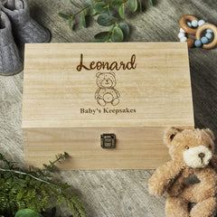 Personalised Large Wooden Baby Memory Keepsake Box Teddy Design
