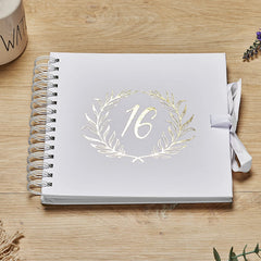 16th Birthday White Scrapbook Photo album With Gold Script Laurel Wreath