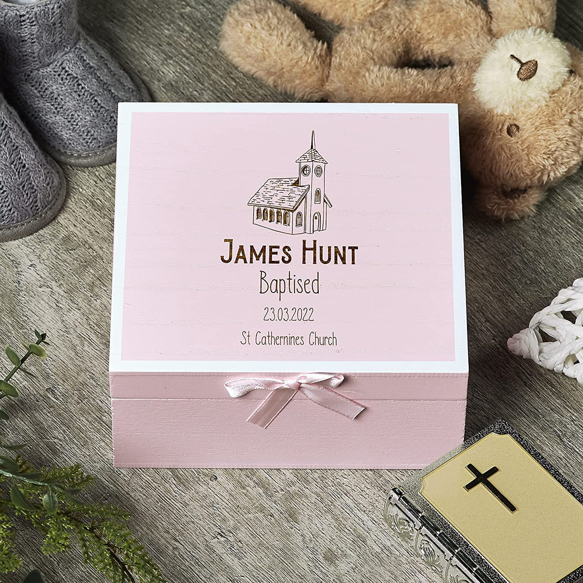 ukgiftstoreonline Personalised Baptism Pink Keepsake Box With Church Design