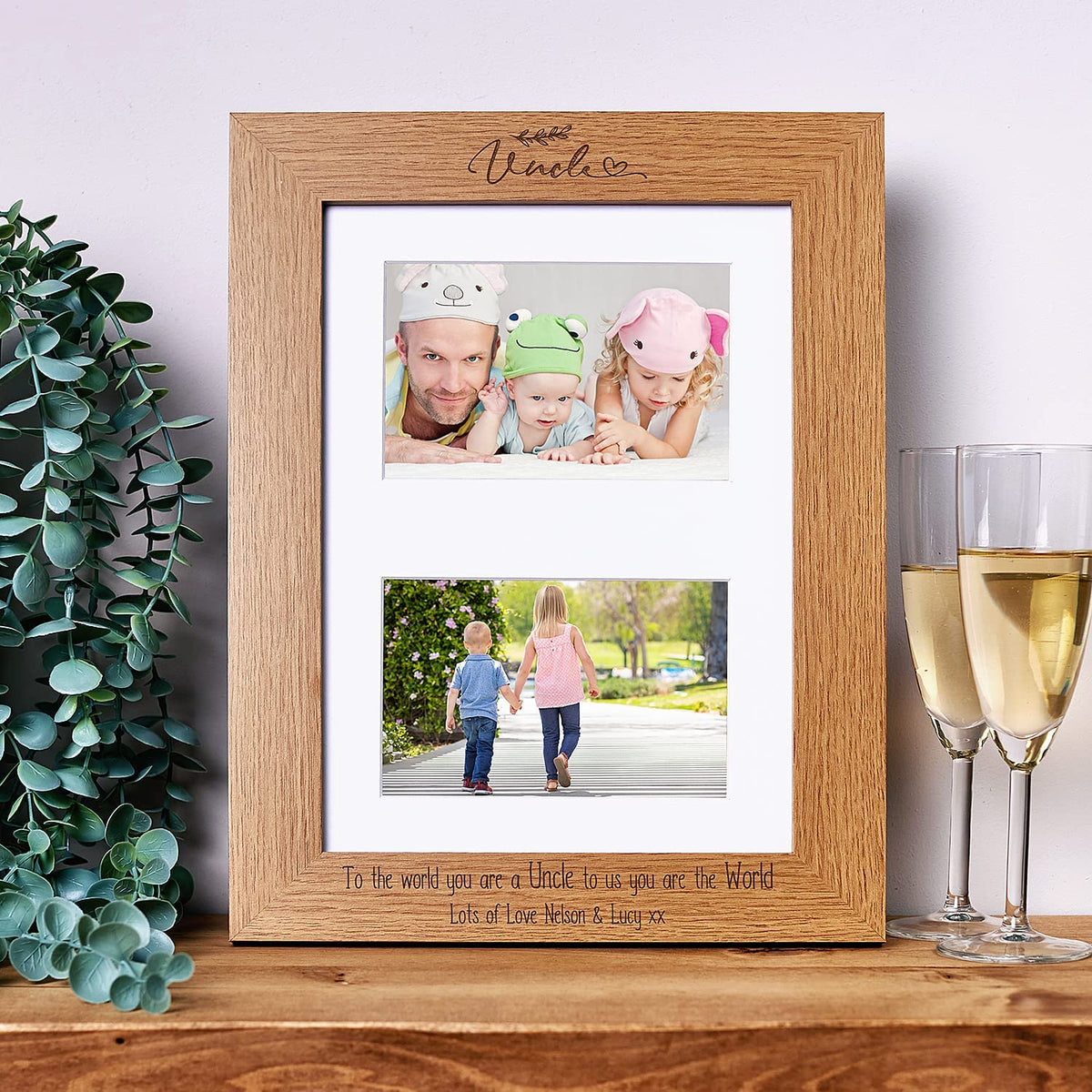 Personalised Uncle Wooden Double Photo Frame Gift Landscape