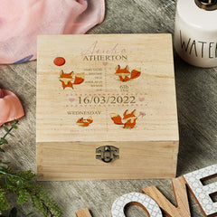 Personalised Baby Girl Keepsake Wooden Box With Fox and Birth Details
