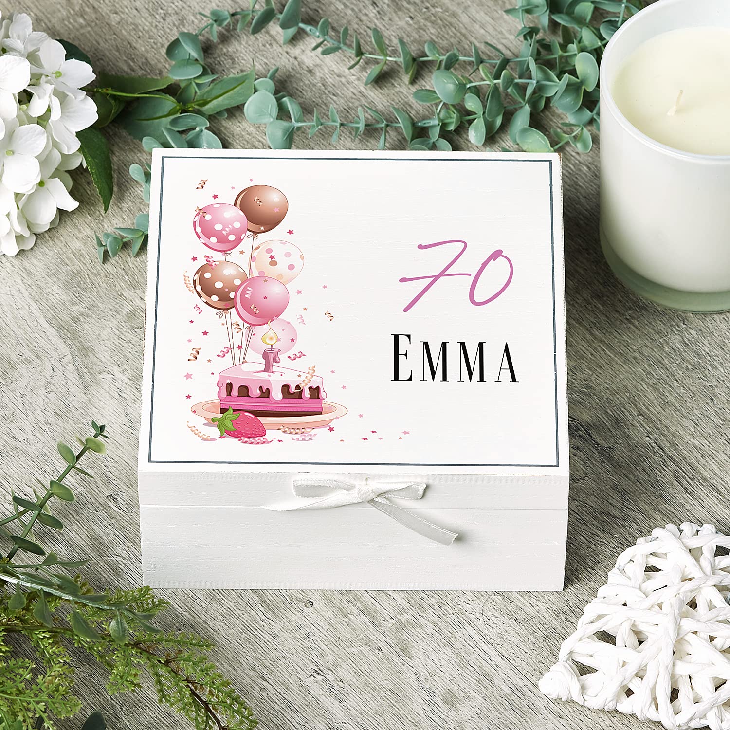 ukgiftstoreonline Personalised 70th Birthday Vintage Wooden Box Keepsake Gift With Cake Keepsake Boxes ukgiftstoreonline
