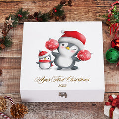 Personalised Christmas Eve Wooden Box With a Penguin Design