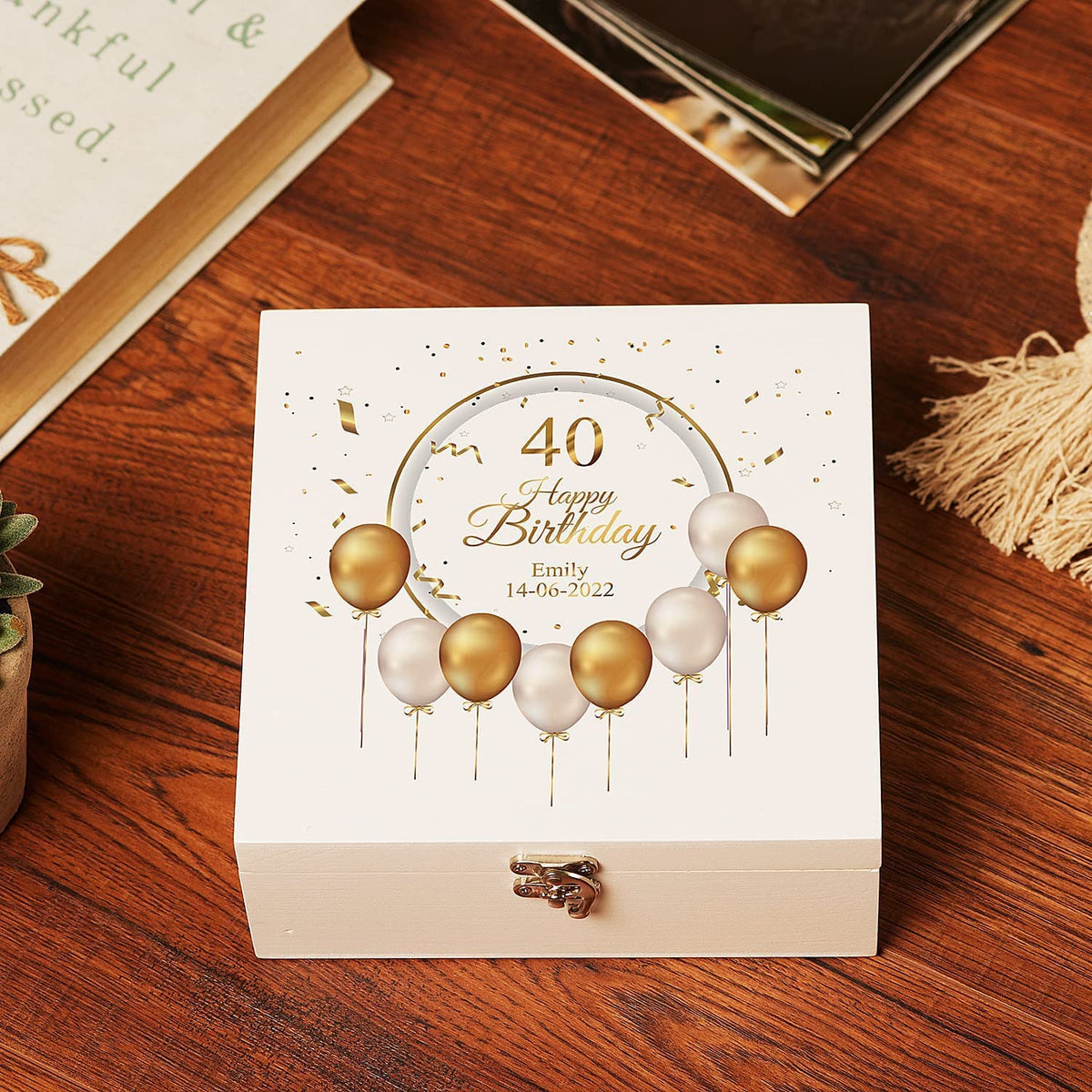 ukgiftstoreonline Personalised 40th Birthday Keepsake Large Wooden Box Gift With Golden Balloons