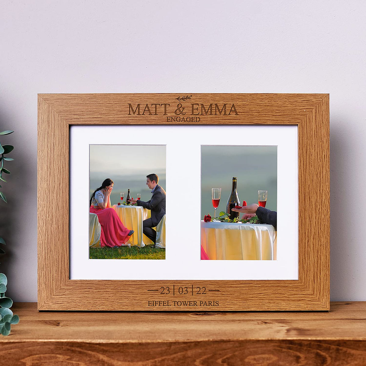 Personalised Engagement Double Photo Picture Frame With Leaf Portrait
