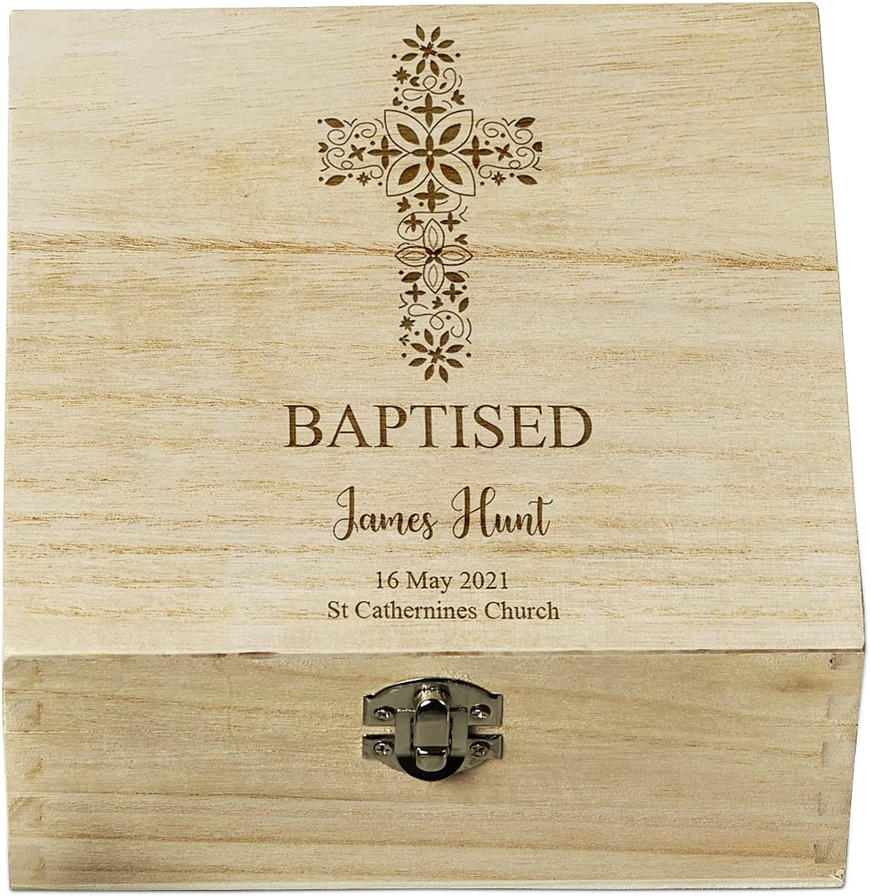 Personalised Baptism Keepsake Box With Floral Cross Design