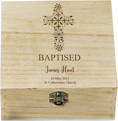 Personalised Baptism Keepsake Box With Floral Cross Design