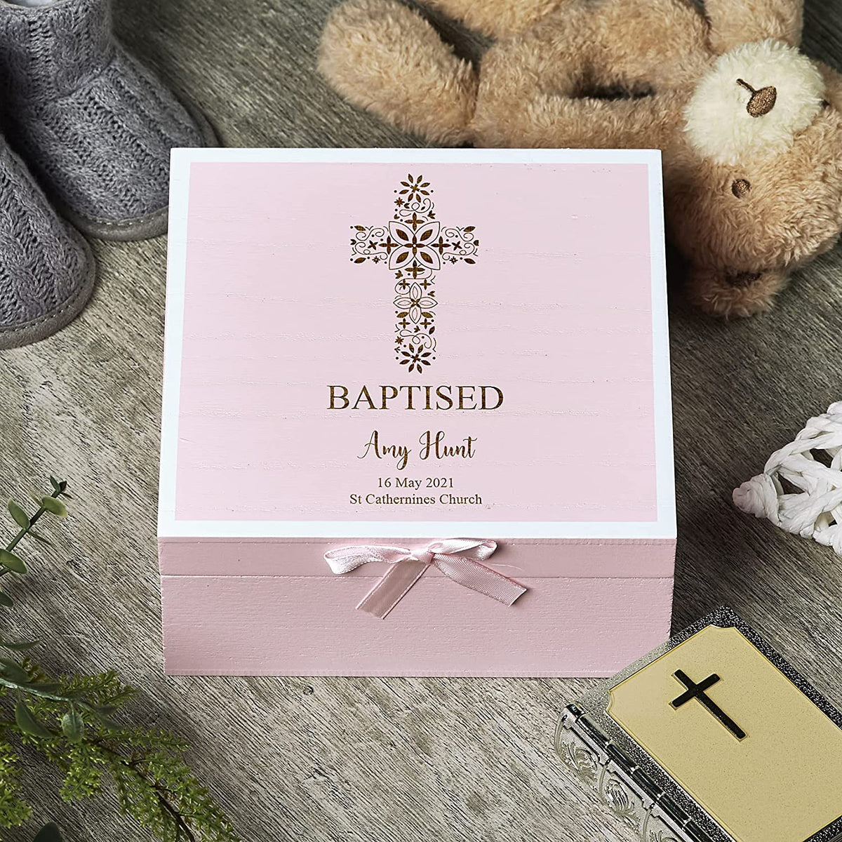 ukgiftstoreonline Personalised Baptism Pink Keepsake Box With Floral Cross Design