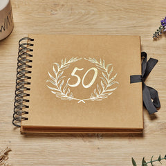 50th Birthday Brown Scrapbook Photo album With Gold Script Laurel Wreath