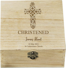 Personalised Christening Keepsake Box With Floral Cross Design