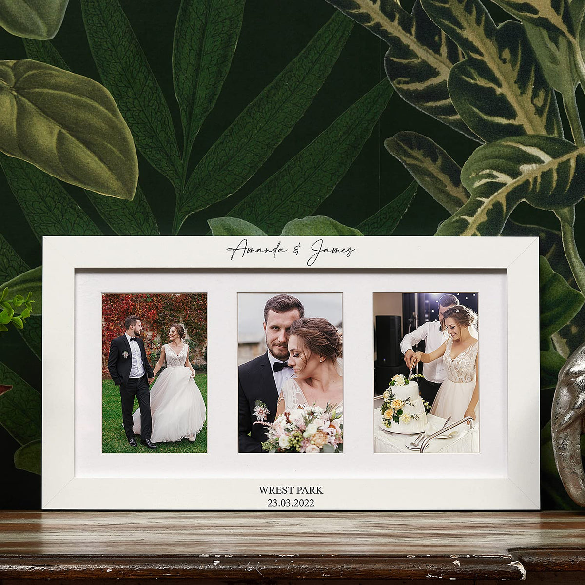 Personalised White Wooden Wedding Triple Photo 6 x 4 Frame Gift