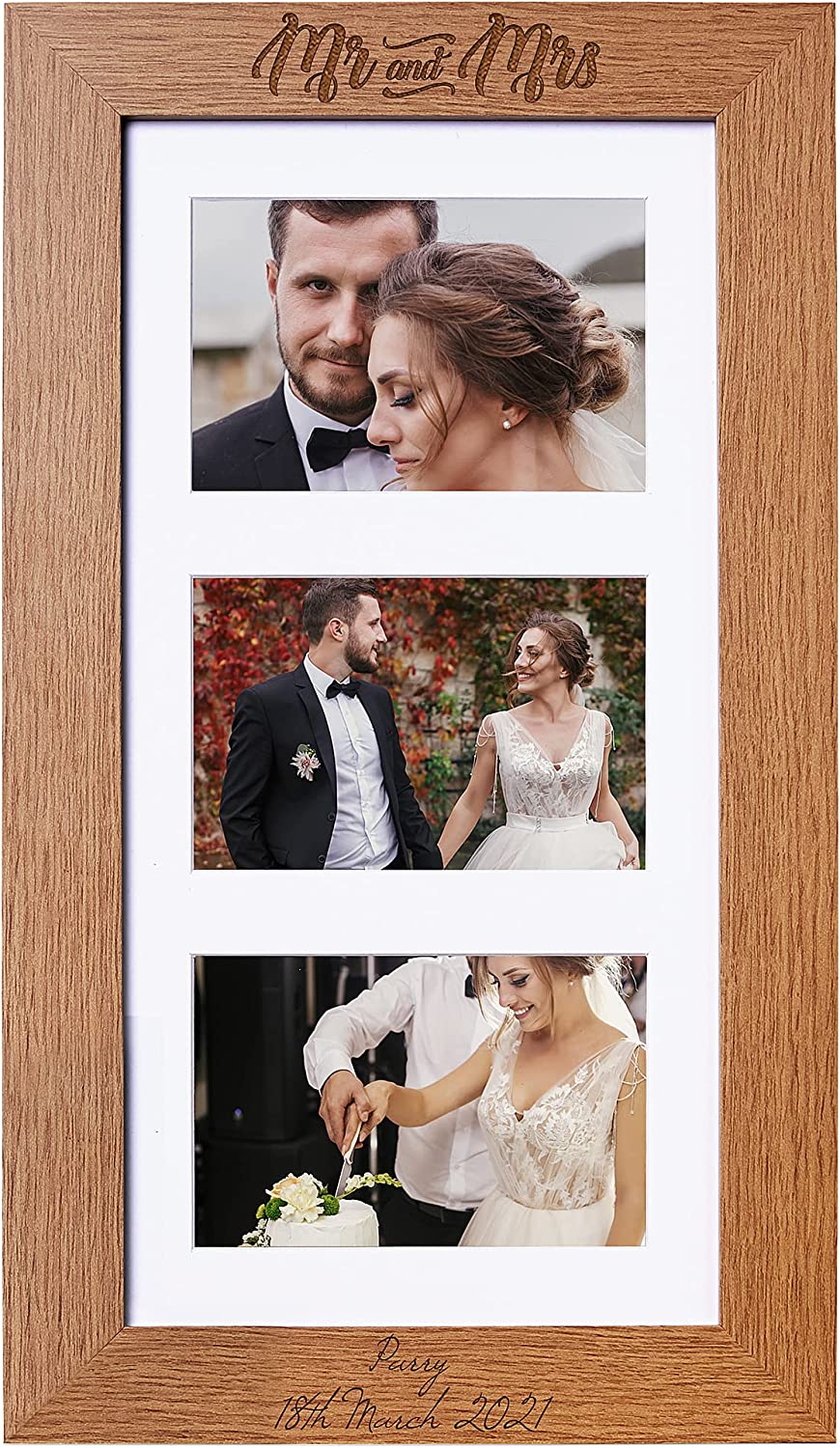Personalised Mr and Mrs Wedding Wooden Triple Photo 6 x 4 Frame Engraved