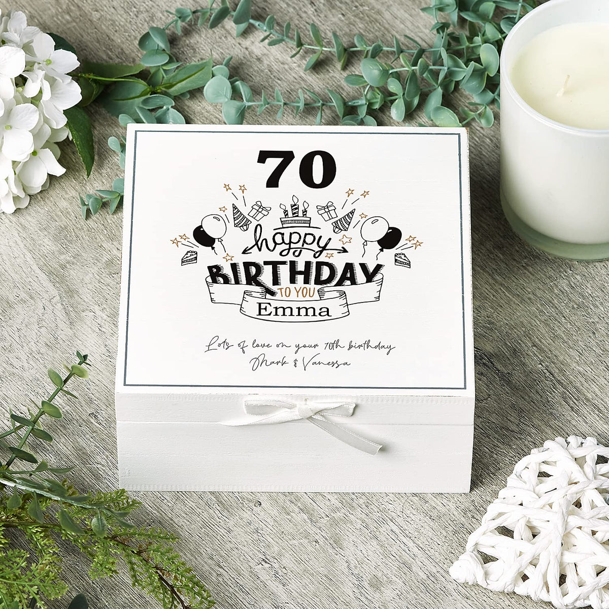 ukgiftstoreonline Personalised 70th Birthday Vintage Wooden Box Keepsake Gift Elements