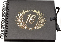 16th Birthday Black Scrapbook Photo album With Gold Script Laurel Wreath