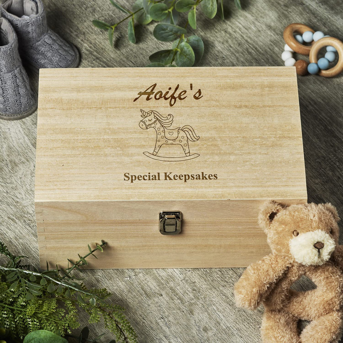 Personalised Large Wooden Baby Memory Keepsake Box Rocking Horse Design