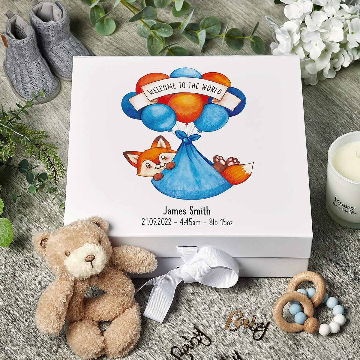 Personalised Welcome To The World Baby Boy Memory Keepsake Box With Fox