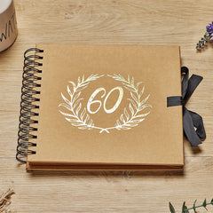 60th Birthday Brown Scrapbook Photo album With Gold Script Laurel Wreath