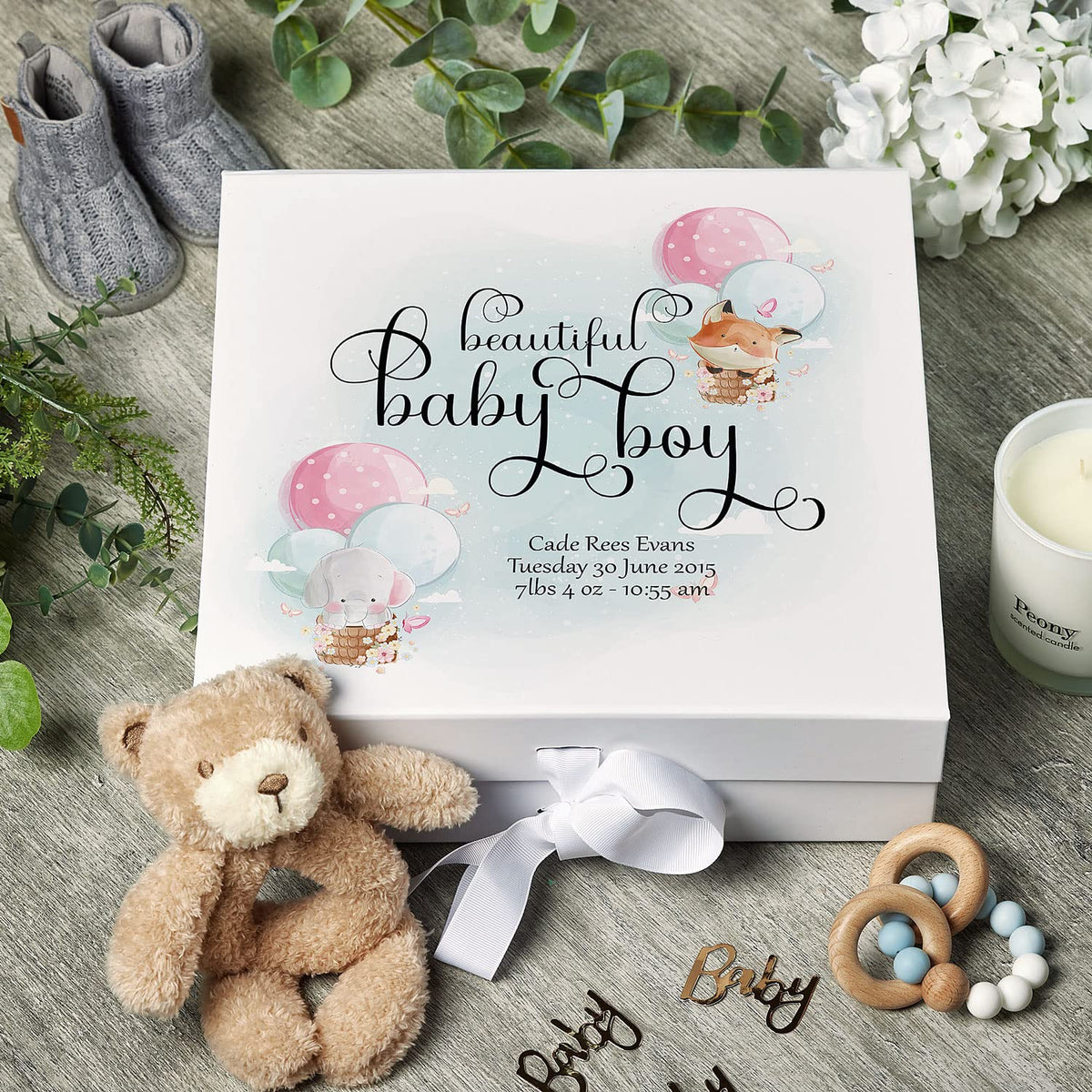 ukgiftstoreonline Personalised Baby BoyLarge Memory Box Gift With Ribbon Balloon Design
