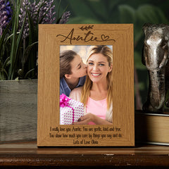Wooden Auntie Photo Frame Gift Portrait With Sentiment and Leaf Design
