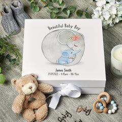 Personalised Beautiful Baby Boy Memory Keepsake Box With Elephants