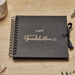Precious Grandchildren Black Scrapbook Photo album With Gold Script Leaf Design