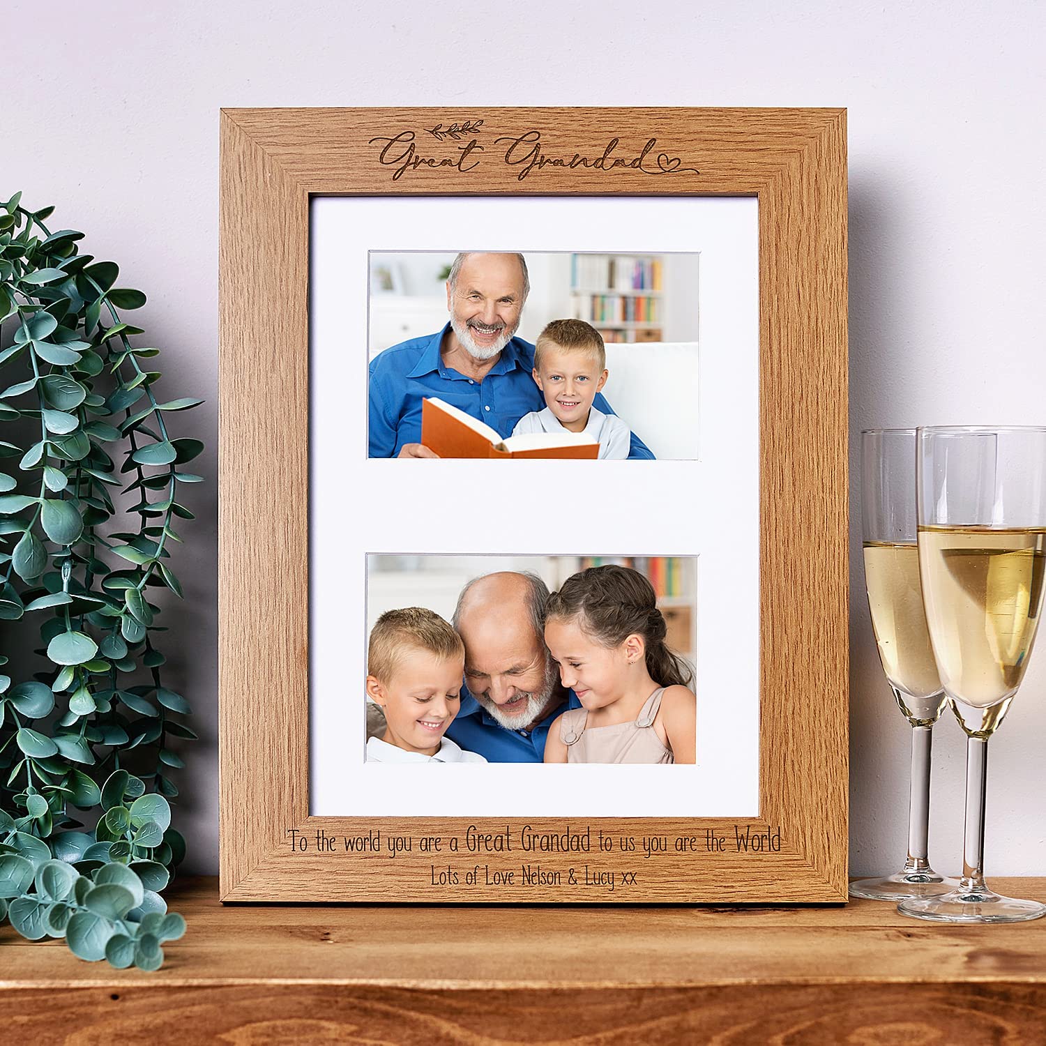 Personalised Great Grandad Wooden Double Photo Frame Gift Landscape