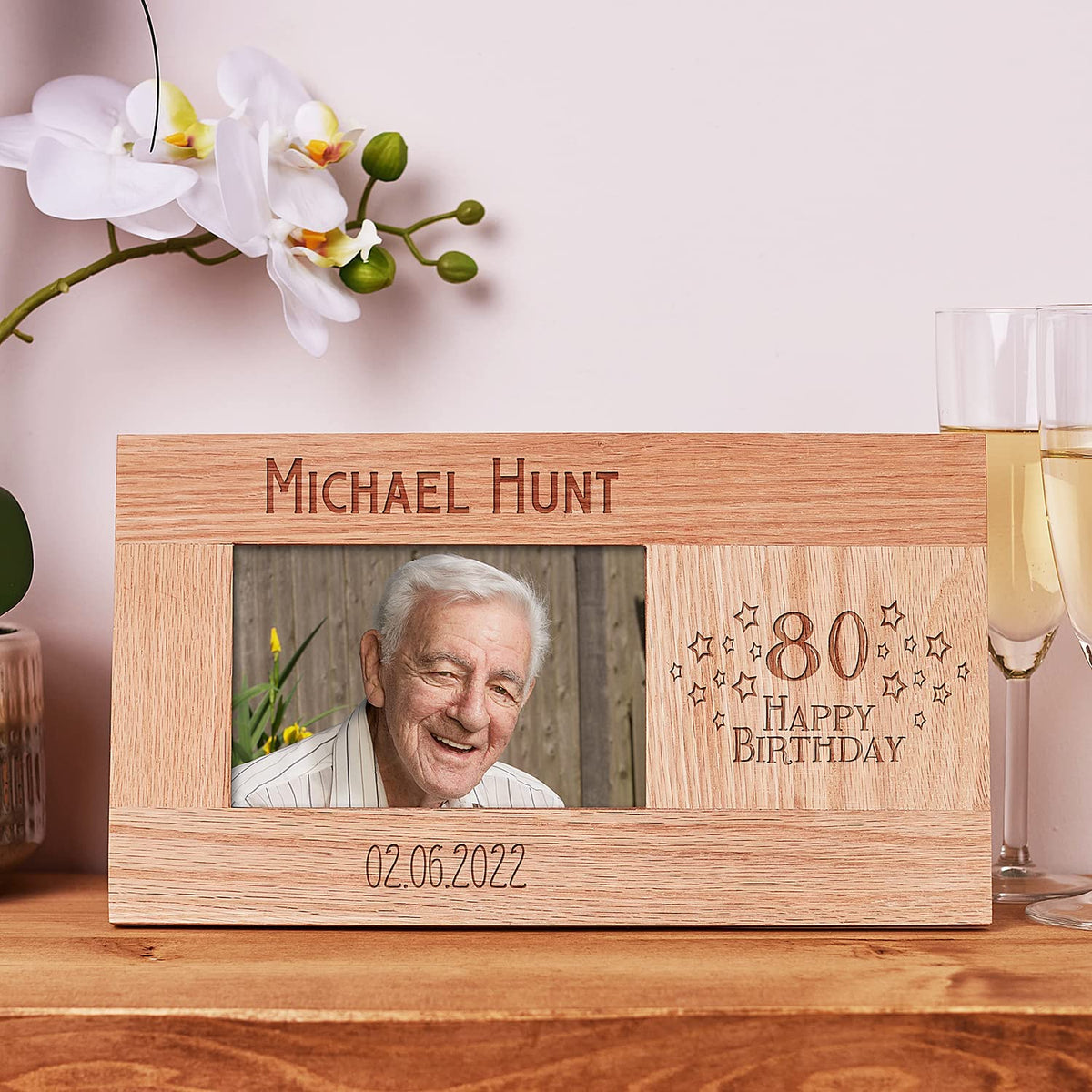 Personalised 80th Birthday Photo Frame Gift Solid Oak With name and date