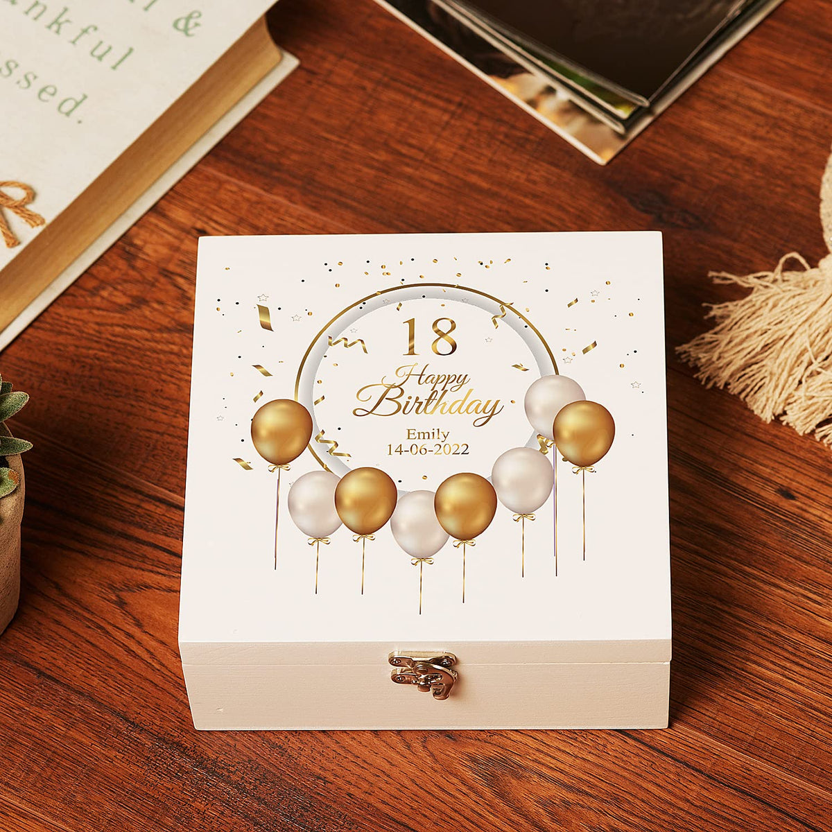ukgiftstoreonline Personalised 18th Birthday Wooden Box Gift With Golden Balloons