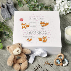 Personalised Baby Girl Memory Box Gift With Ribbon Cute Foxes and Birth