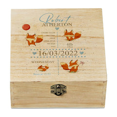 Personalised Baby Boy Keepsake Wooden Box With Fox and Birth Details