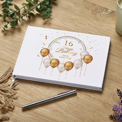 Personalised 16th Birthday Guest Book With Gold Balloons