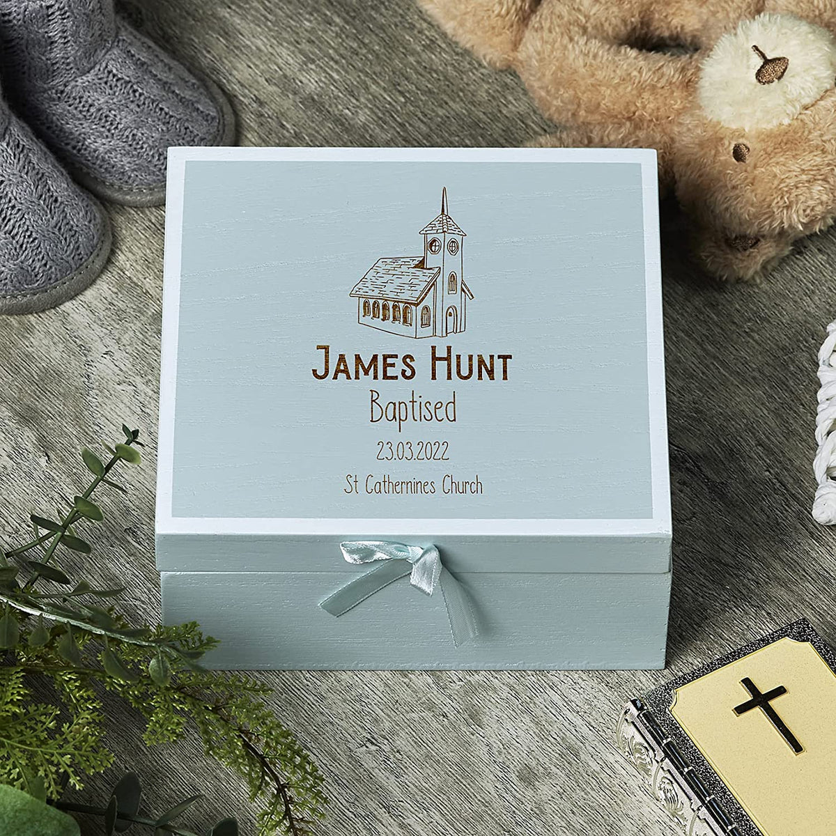 ukgiftstoreonline Personalised Baptism Blue Keepsake Box With Church Design