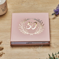 50th Birthday Pink Photo Album Gold Laurel Wreath