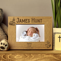 Personalised Baptism Photo Frame Gift with Church and Cross