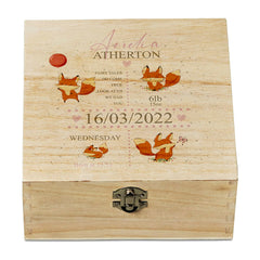 Personalised Baby Girl Keepsake Wooden Box With Fox and Birth Details