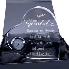 Engraved Personalised Great Grandad Crystal Glass Clock With Sentiment