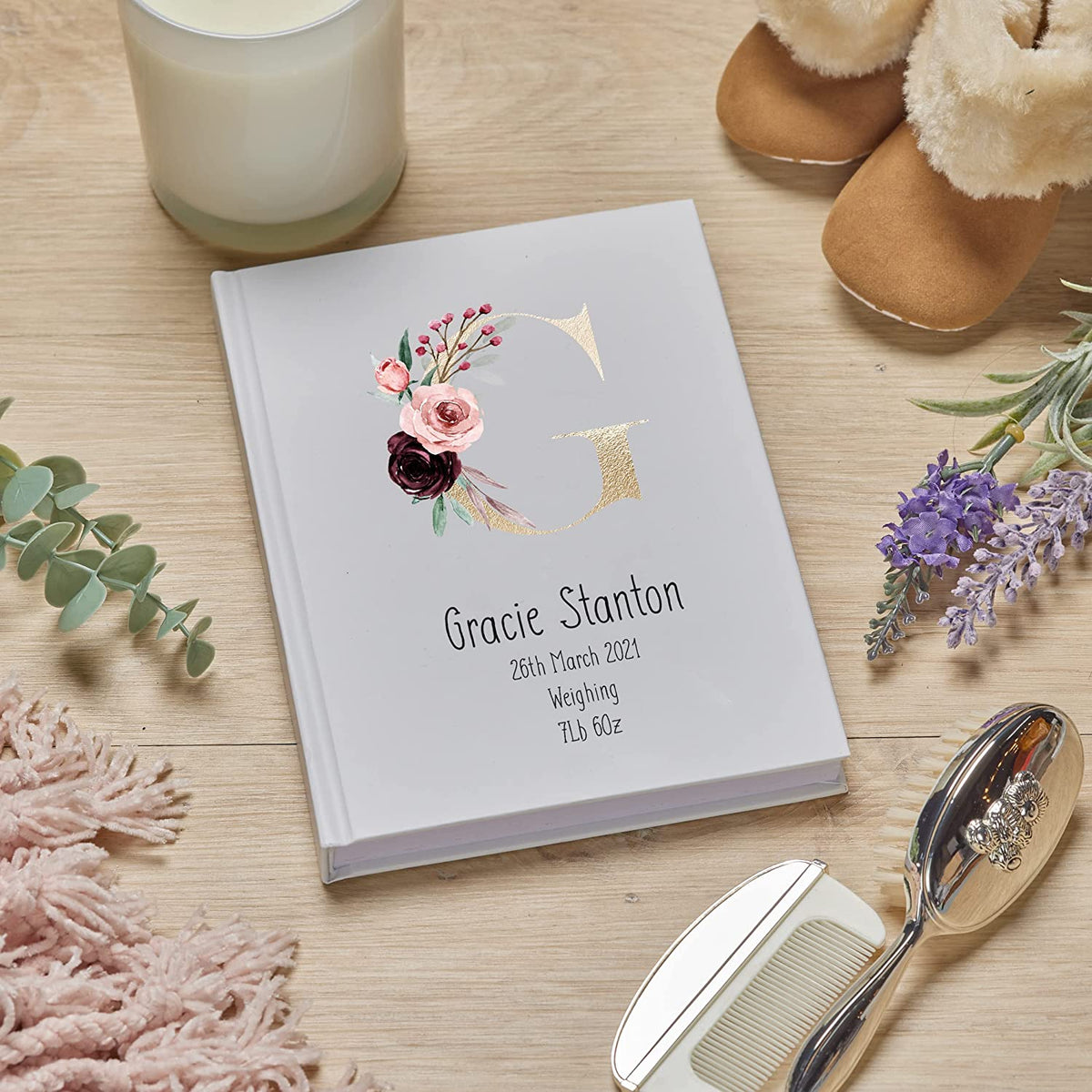 Personalised Baby Record Book Keepsake Milestone Journal Floral Initial